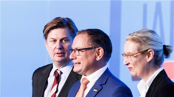 AfD-Versammlung: Rechtsnationale Töne dominieren die Reden Der Europawahl-Spitzenkandidat Maximilian Krah (l.) auf der Bühne mit den AfD-Bundesvorsitzenden Tino Chrupalla und Alice Weidel.