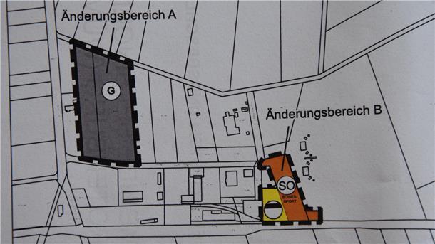 Der Flächennutzungsplan am „Bahnhof Rhadereistedt“ zeigt den Änderungsbereich A für gewerbliche Bauflächen und den Änderungsbereich B für das Sondergebiet Schießsport.