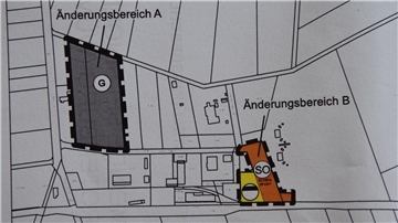 Der Flächennutzungsplan am „Bahnhof Rhadereistedt“ zeigt den Änderungsbereich A für gewerbliche Bauflächen und den Änderungsbereich B für das Sondergebiet Schießsport.
