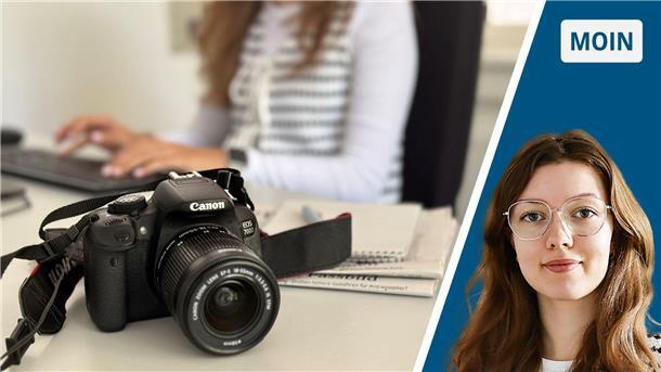 Kamera mit Frau im Hintergrund