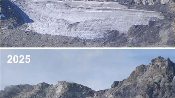 Wenig Schnee, viel Hitze: Gletscher schrumpfen weiter Der Pizolgletscher im Kanton St. Gallen ist zwischen 2006 und 2025 stark geschrumpft.(Kombo)