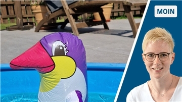 Ein aufblasbarer Pinguin auf dem Wasser eines Swimmingpools. Im Hintergrund steht ein Liegestuhl. 