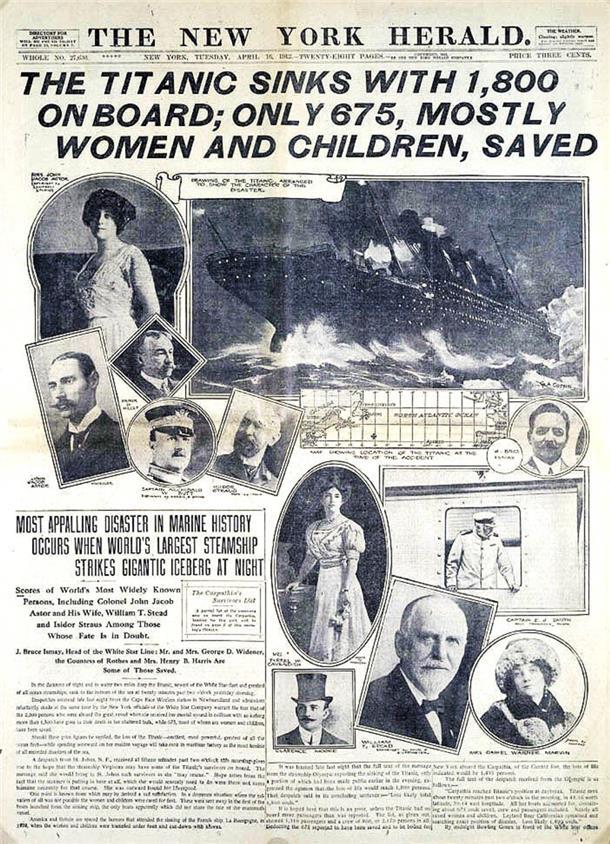 Der Untergang sorgte für Schlagzeilen. Hier die Titelseite des New York Herald vom 15. April 1912.
