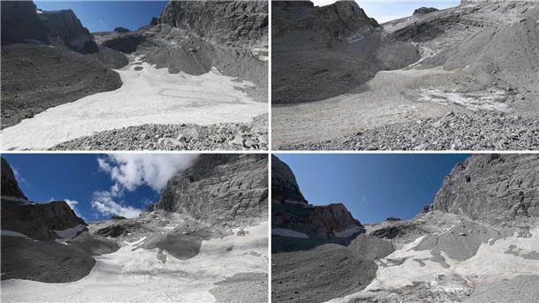 Der Watzmanngletscher in den Jahren 2021 bis 2024 (von links nach rechts in zwei Zeilen). 