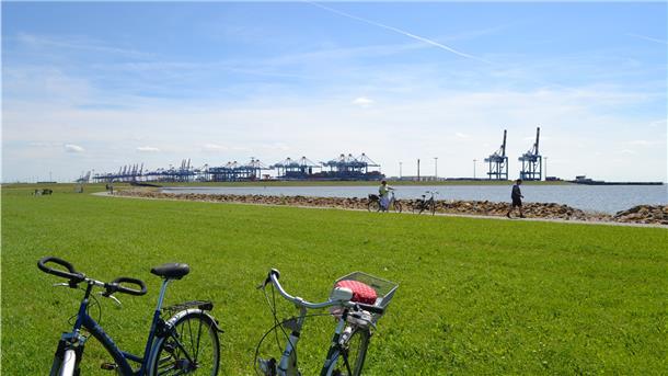 Der Weser-Radweg führt auf zehn Kilometern Strecke durch Bremerhaven und den Überseehafen, am Deich entlang geht es weiter bis Cuxhaven, wo er nach 500 Kilometern endet.