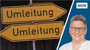 links: zwei Umleitungsschilder; rechts Frau mit weißer Bluse und Brille