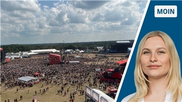 Zweigeteiltes Bild: links ein Festivalgelände von oben, rechts NZ-Reporterin Marie Petersen.