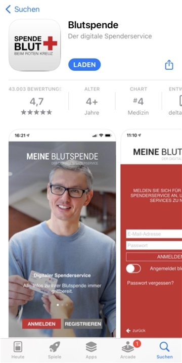 Die Blutspende-App kann kostenfrei im App Store und im Google Playstore erworben werden.
