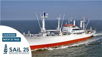 Ein großes Frachtschiff auf See.
