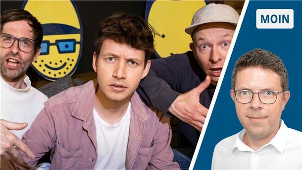 Die Collage zeigt links die Band Deine Freunde, bestehen aus (von links) Markus Pauli, Lukas Nimscheck und Florian Sump. Rechts ist Redakteur Timo Kühnemuth zu sehen.