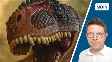 Die Collage zeigt links einen Giganotosaurus und rechts Redakteur Timo Kühnemuth.