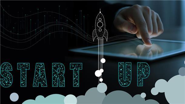 Business startup, banner design. Man using tablet, closeup. Illustration of flying rocket