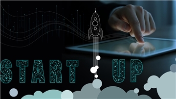 Business startup, banner design. Man using tablet, closeup. Illustration of flying rocket