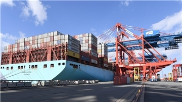 Containerschiff vor Containerbrücken