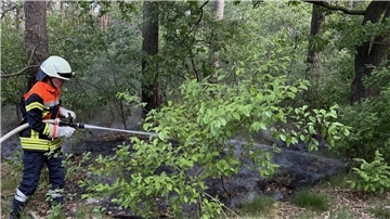 Ein Feuerwehrmann löscht einen Flächenbrand.