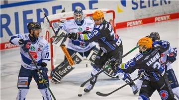 Pinguins holen Zittersieg gegen Iserlohn - Sonntag geht’s nach Berlin Eine Torraumszene im Eishockey. Bennet Roßmy und Nico Krämmer von den Fischtown Pinguins aus Bremerhaven machen Druck vor dem Tor der Iserlohn Roosters.