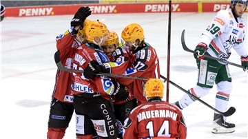 Eine rote Jubeltraube von Eishockeyspielern in roten Trikots. Die Spieler der Fischtown Pinguins aus Bremerhaven bejubeln ein Tor.