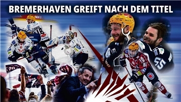 Verschiedene Eishockeyszenen sind auf einer Collage mit der Schrift "Bremerhaven greift nach dem Titel" zu sehen