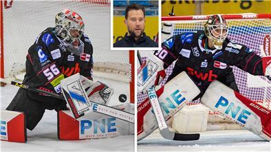 Zwei Torhüter in Aktion und ein eingeklinktes Bild mit dem Torwarttrainer im Portrait. Die Fischtown Pinguins stellen mit Maximilian Franzreb (li.) und Kristers Gudlevskis das beste Duo der Liga. 