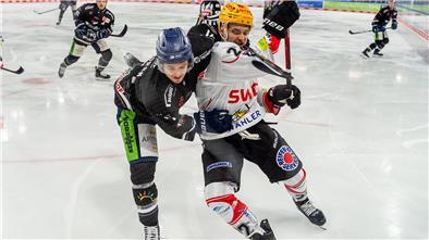 Zwei Eishockeyspieler im Zweikampf. Vladimir Eminger von den Fischtown Pinguins aus Bremerhaven gegen einen Straubinger.