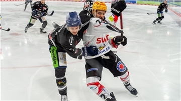 Zwei Eishockeyspieler im Zweikampf. Vladimir Eminger von den Fischtown Pinguins aus Bremerhaven gegen einen Straubinger.
