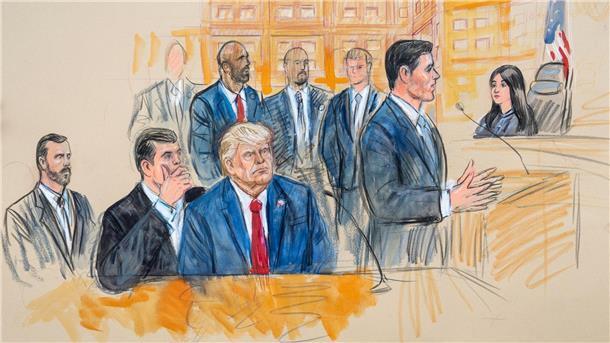 Die Gerichtszeichnung zeigt den ehemaligen US-Präsidenten Donald Trump (M), der sich vor dem Bundesgericht in Washington mit seinem Verteidiger Todd Blanche (l) berät.