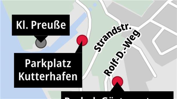 Die Grafik verdeutlicht: Neben dem begehrten Parkplatz am Kutterhafen gibt es einen weiteren in Strandnähe - den Parkplatz am Gästezentrum.