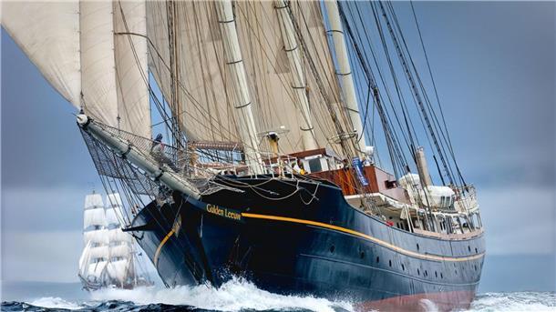 Maritime Tage (Update 36): Ein letzter Gruß an die schwimmenden Gäste Die "Gulden Leeuw" unter vollen Segeln: 1937 als motorisiertes Forschungsschiff MS „Dana" für das dänische Landwirtschaftsministerium gebaut, zwei Jahre später um neun Meter verlängert und lange Zeit als Offshore-Versorger und Schulschiff unterwegs, bekam es 2007 in den Niederlanden das heutige Aussehen und die aktuelle Funktion.