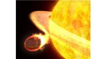 Die Illustration zeigt den Exoplaneten WASP-12b. Er ist der heißeste bekannte Planet in der Milchstraßengalaxie und möglicherweise der am kürzesten lebende.