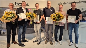 Die Jubilare der Thomas-Holding: Kord Burmester (von links), Heiko Keuchel, Stefan Holst, Holger Rohbeck, Jörg Willen und Holger Rueck.
