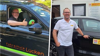 Ein Mann sitzt in einem Auto und zeigt den Daumen hoch, ein weiterer Mann steht neben einem Auto und lächelt in die Kamera.