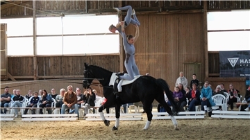 Die L-Gruppe des Wurster Reitklubs auf ihrem Pferd Pirrot beim heimischen Voltigierturnier.