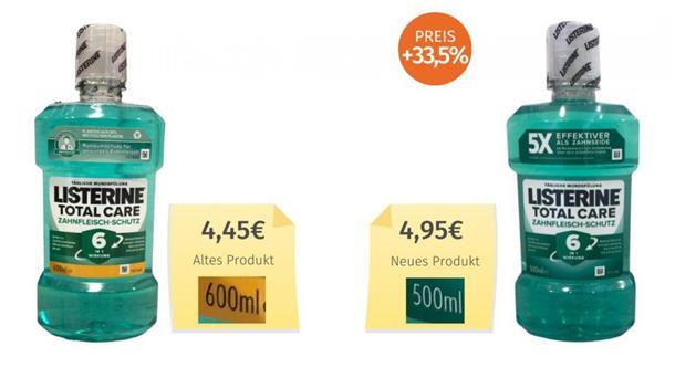 Dreiste Tricks bei der Verpackung: So werden wir im Supermarkt abgezockt Die Listerine-Mundspülung ist von der Verbraucherzentrale Hamburg zur "Mohelpackung des Monats" September ernannt worden.