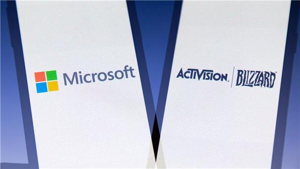 Vorläufige Übernahme von Activision Blizzard blockiert Die Logos des amerikanischen multinationalen Technologiekonzerns Microsoft und des Videospielunternehmens Activision Blizzard.