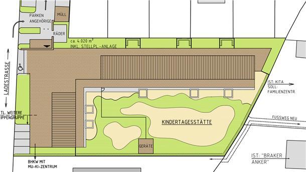 Die neue Kindertagesstätte an der Ladestraße, deren Träger die katholische Kirchengemeinde ist, wird ein L-förmiges Gebäude.
