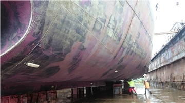 Die Reinigung des Unterschiffes von Bewuchs unter anderem mit Muscheln ist sehr aufwendig und teuer, auch weil das Schiff über Tage aus dem Verkehr gezogen ist.