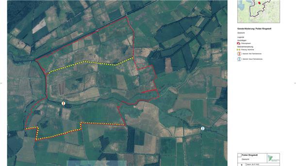 Die rote Linie zeigt das Planungsgebiet. Als weißer Punkt links ist der alte Brückenstandort eingezeichnet, der Punkt weiter rechts zeigt, wo die Brücke jetzt entstehen soll.