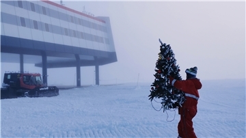 Ein Weihnachtsbaum aus Plastik wird von einem Überwinterer zur Neumayer-Station gebracht.
