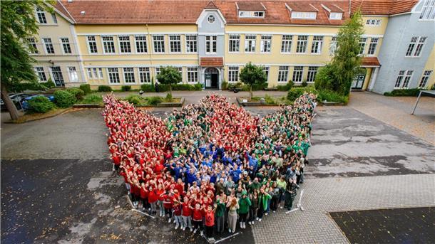 Eine große Gruppe Schüler steht auf einem Schulhof.