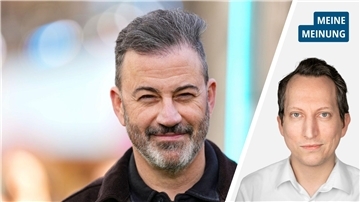 Es zeigt den Kopf von Jimmy Kimmel und den des Reporters Stefan Alexander Hippler 