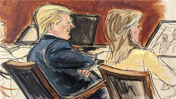 Verleumdungsprozess: Richter droht Trump mit Ausschluss Die Skizze zeigt Donald Trump neben seiner Anwältin im Gerichtssaal in New York.