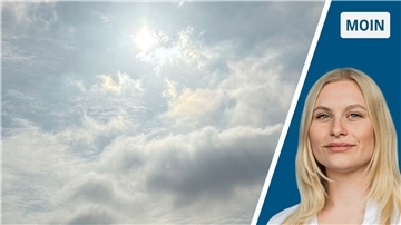 Zweigeteiltes Bild: Links scheint die Sonne, auch Wolken sind am Himmel zu sehen. Rechts ist eine junge Frau mit blonden Haaren abgebildet.