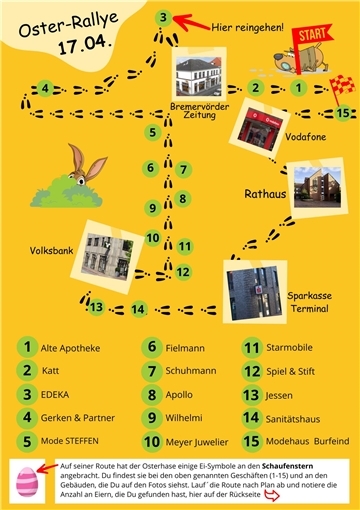 Die Teilnahmescheine liegen in den Geschäften aus, die auf der Hasenroute eingezeichnet sind. Orientierungshilfe leistet dabei die Hasenroute, auf der die Laufwege und Standorte eingezeichnet sind.