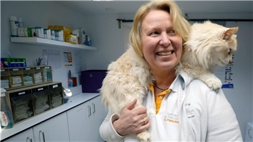 Die Tierärztin Petra Kracher hat in ihrer Praxis in München eine Katze auf der Schulter.
