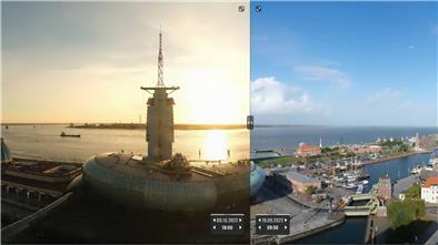 Zwei Aufnahmen einer Webcam von Bremerhaven werden verglichen. 