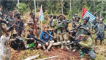Die von der West Papua National Liberation Army zur Verfügung gestellte Aufnahme zeigt den neuseeländischen Piloten Philip Mehrtens neben bewaffneten Kämpfern.
