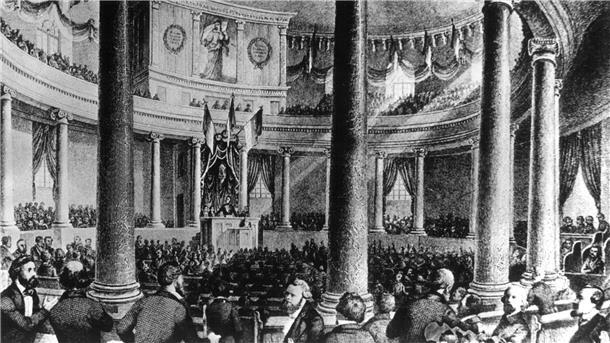 Erster Rosenmontagszug sollte Karneval an die Kette legen Die zeitgenössische Darstellung zeigt die erste Sitzung der Nationalversammlung, die von ihrem Präsidenten Heinrich von Gagern am 18. Mai 1848 in der Frankfurter Paulskirche eröffnet wurde.