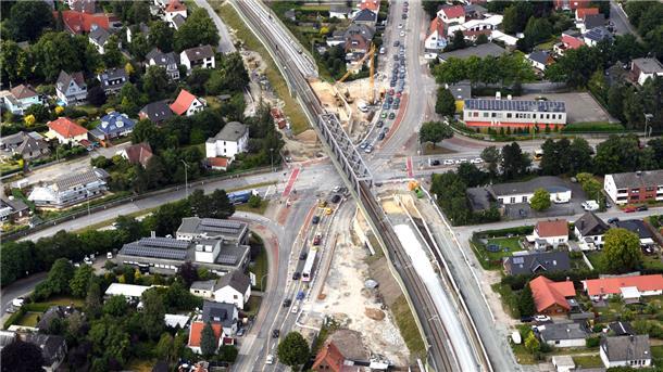 Luftaufnahme von einer Baustelle an den Bahngleisen.