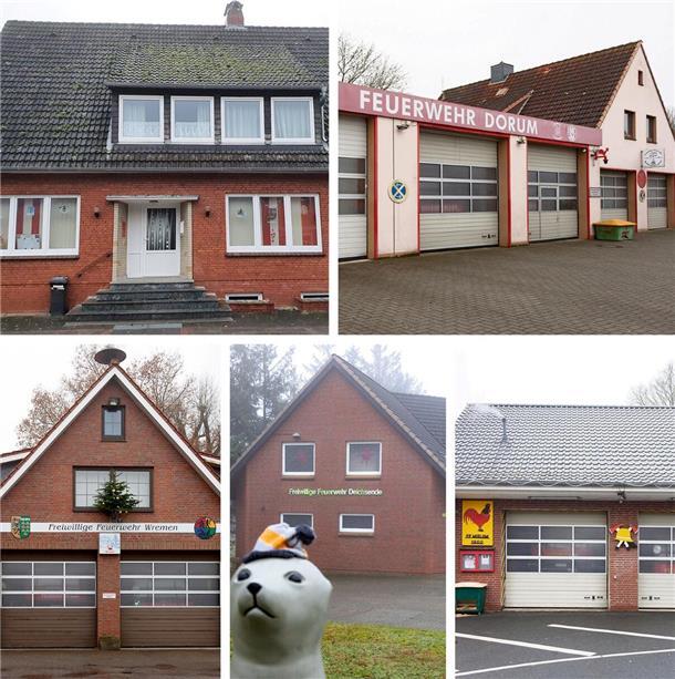 Vier neue Feuerwehrhäuser: Wurster Nordseeküste setzt Meilenstein Diese fünf Gerätehäuser der Freiwilligen Feuerwehren Nordholz (links oben, im Uhrzeigersinn), Dorum, Midlum, Deichsende und Wremen sollen Ende 2026 Geschichte sein.