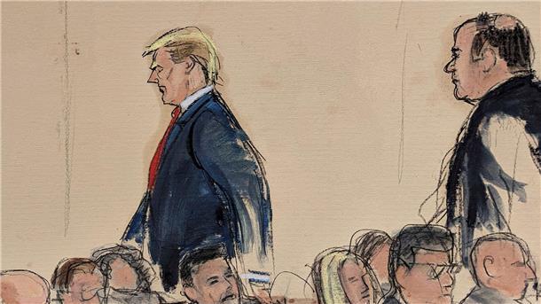 Diese Gerichtssaal-Skizze zeigt, wie der ehemalige Präsidenten Donald Trump (l) gefolgt von seinem Rechtsbeistand Boris Epshteyn den Gerichtssaal verlässt.